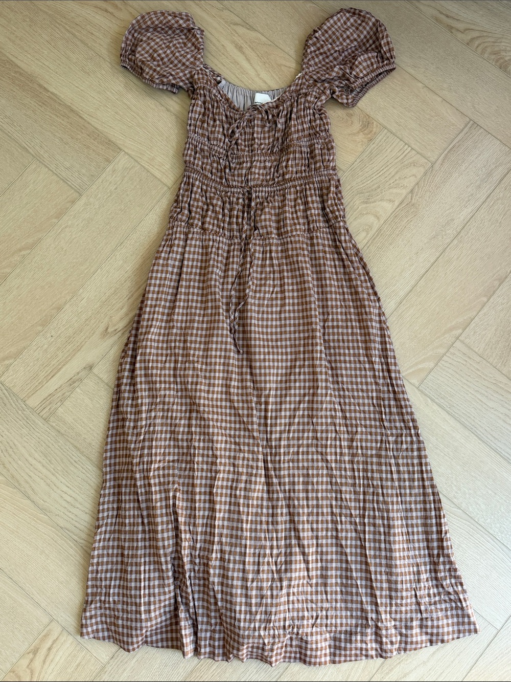 Reformation Brown Gingham Puff-Sleeve Smocked Midi Dress